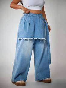 SHEIN ICON 大码女式时尚蓝色拼接宽腿二合一牛仔半身裙 - 中等水洗藍 - 查看 4