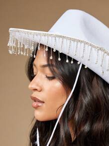 MISSGUIDED Elegant Fedora Hat Western Style With Crystal Beaded Fringe Trim Adjustable Chin Strap Winter Fall Spring Cowgirl Rancher Wide Brim Headwear