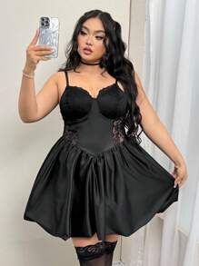 SHEIN ICON 大码蕾丝杯腰带荷叶边中长连衣裙 - 黑色 - 查看 7