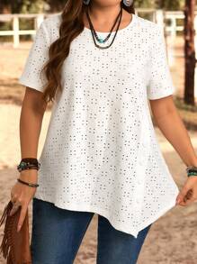 EMERY ROSE Plus Size Round Neck Short Sleeve Laser Cut & Embroidery Decor Casual T-Shirt,Summer Clothes,Vacation Outfits Woman / Vacation,Boho Women Clothing - White - View 5