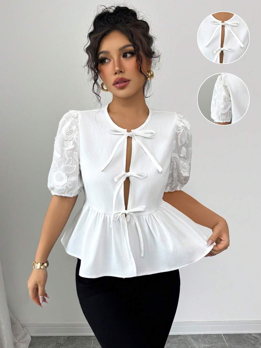 Elenzga 女士白色提花拼接系带泡泡袖衬衫 - 白色 - 查看 1