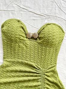 Soleia 优雅度假露肩贝壳结开衩抽绳长裙，春夏 - 綠色 - 查看 5