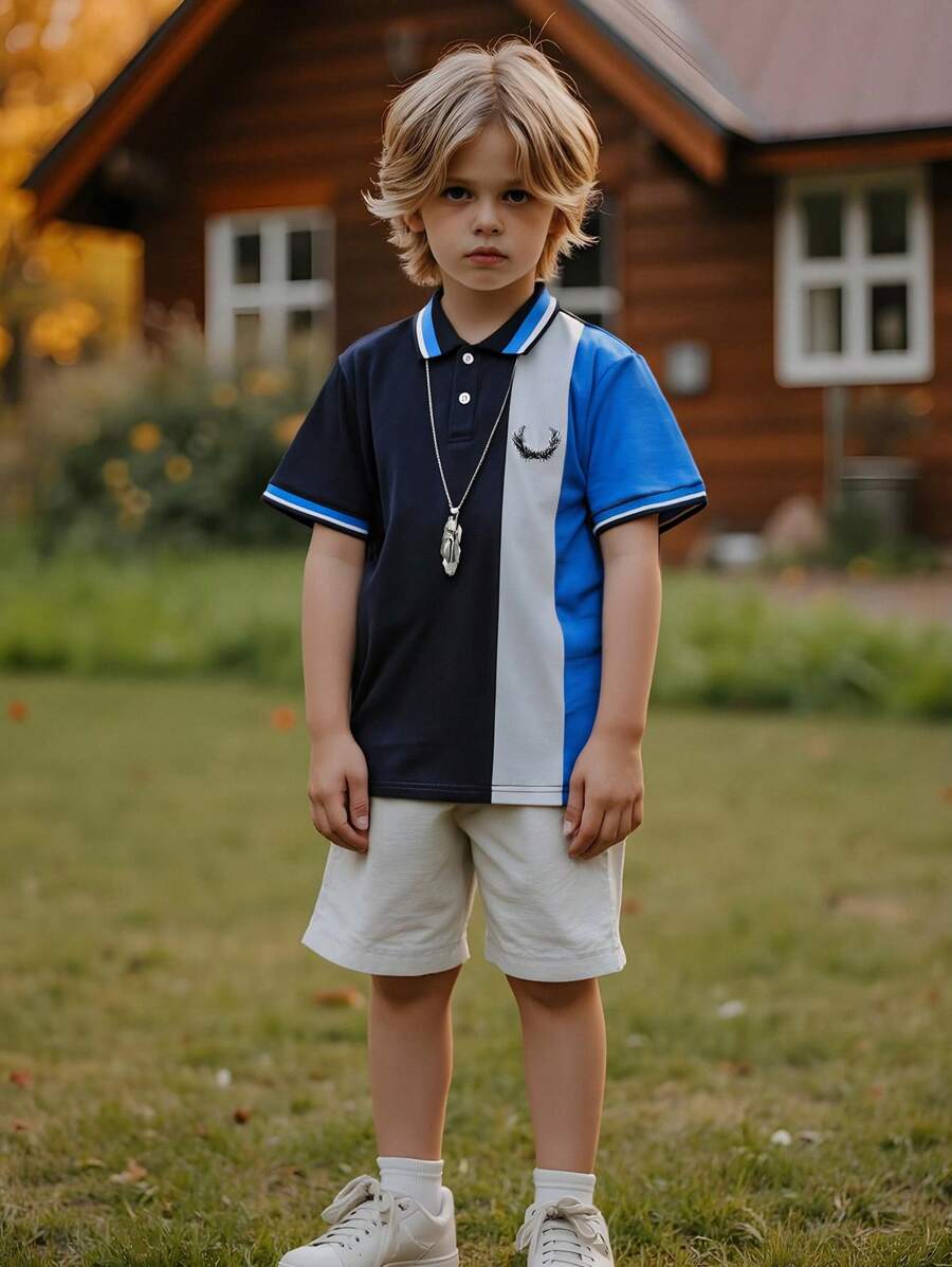 SHEIN 青少年男孩短袖 Polo 衫复古刺绣校徽领休闲百搭 - 藍色 - 查看 1
