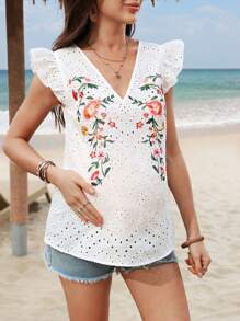 SHEIN Blusa casual de cuello en V con bordado de ojal para embarazadas, ideal para vacaciones y playa