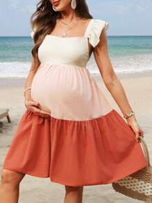 SHEIN Maternity Colorblock Square Neck Cap Sleeve Casual Summer Dress - Black and White - View 5