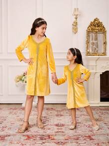 SHEIN Young Girl Yellow Velvet Gold Glitter Trim Long Sleeve V-Neck Long Dress, Fashionable Outerwear