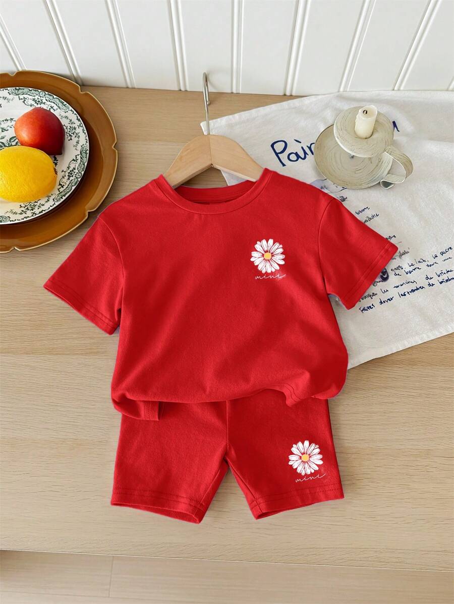 SHEIN Bộ quần short tay ngắn tối giản thường ngày cho bé gái, phù hợp cho mùa hè - Đỏ - Xem 1