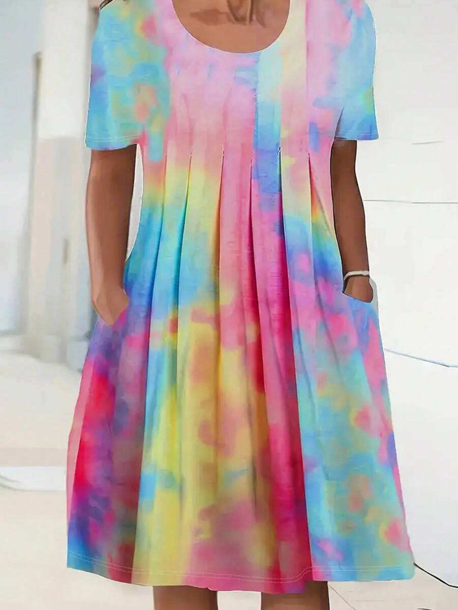 大码夏季休闲扎染印花百褶连衣裙