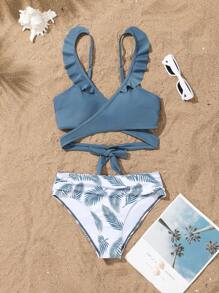 SHEIN 2 件女士雾蓝色简约风格吊带背心比基尼上衣和树叶印花比基尼下装套装