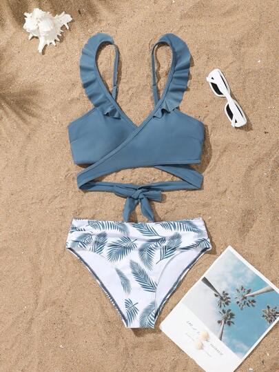 SHEIN 2 件女士雾蓝色简约风格吊带背心比基尼上衣和树叶印花比基尼下装套装