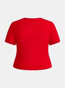 SHEIN ICON Plus Size Red Heart & Bow Cherry Print T-Shirt, Ideal For Valentine's Day - Red - View 2