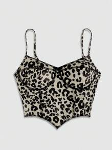 SHEIN EZwear 豹纹针织吊带背心，女式修身短款 - 黑色 - 查看 3