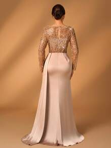 Serin 优雅华丽香槟色奢华细闪珠刺绣拼接缎面透视长袖心形褶饰修身鱼尾拼接飘逸件适合晚宴舞会单身派对节日音乐节婚礼活动新娘妈妈装重工晚礼服 - 香檳色 - 查看 3