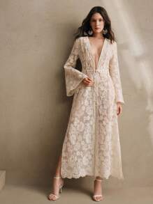 Anewsta 女式深 V 领喇叭袖蕾丝拼布佩斯利印花透明和服，适合春夏、海滩等地优雅度假出游