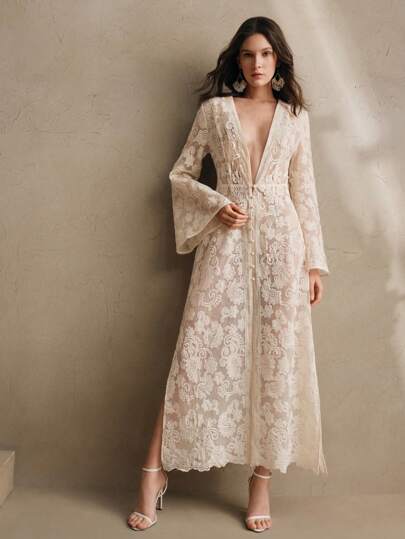 Anewsta 女式深 V 领喇叭袖蕾丝拼布佩斯利印花透明和服，适合春夏、海滩等地优雅度假出游