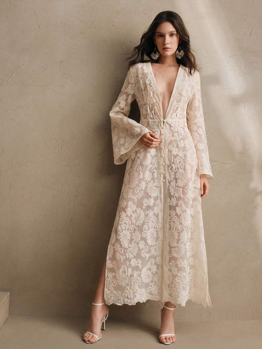 Anewsta 女式深 V 领喇叭袖蕾丝拼布佩斯利印花透明和服，适合春夏、海滩等地优雅度假出游