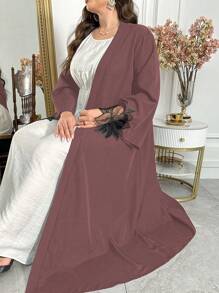 Al Najma 加大码女式花卉刺绣网眼长袍，阿拉伯风格，全长前开式长袍，适合日常休闲/节日/婚礼派对/晚会，端庄 - 粉色 - 查看 3