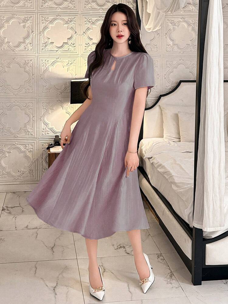 Solid Color Round Neck Puff Sleeve Mid-Calf Dress For Women, Suitable For Holidays, Dates, Evenings Sundress