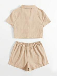 SHEIN EZwear 單排扣素色襯衫和短褲套裝 - 杏色 - 查看 2
