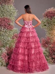 Glamrae Elegant And Gorgeous Pink Digital Printing Handmade Sequin Embroidery Tube Top With Chest Cup Multi-Layer Cake Skirt Suitable For Cocktail Parties, Graduation Ceremonies, Wedding Ceremonies, Bachelorette Parties, Women's Formal Evening Dresses (Heavy Models) - Multicolor - View 1