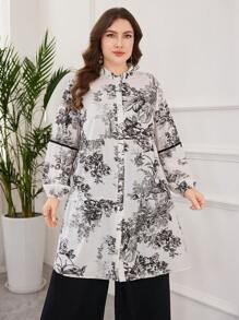 Lacomfia 2pcs Plus Size Casual Set - Stand Collar Retro Floral Print Pleated Loose Top