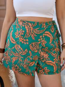 SHEIN VCAY Plus Size Casual Allover Print Tie-Up Cover-Up Shorts - Multicolor - View 4
