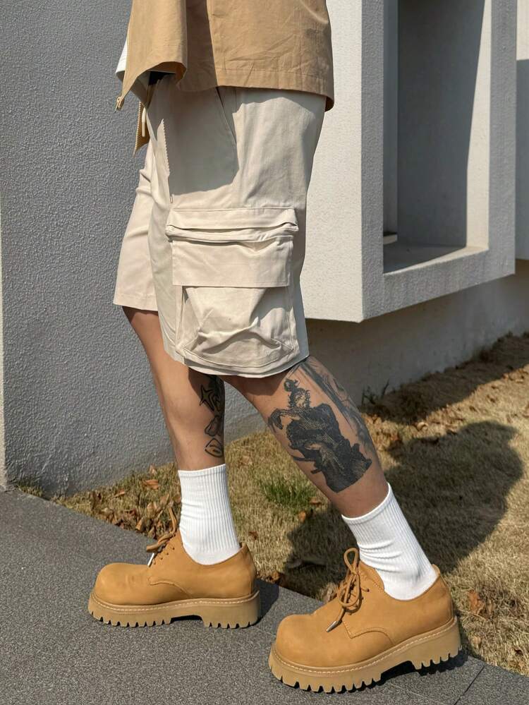 Men's Solid Color Beige Cargo Shorts For Summer Outdoor