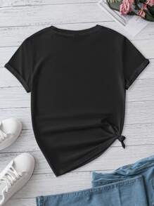 EMERY ROSE Áo thun nữ cổ tròn tay ngắn họa tiết cỏ bốn lá tối giản giản dị, phù hợp cho mùa hè - màu đen - Xem 2