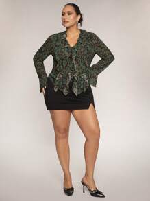 SHEIN BAE 大码女式豹纹荷叶边雪纺长袖衬衫，适合日常穿着、夜间外出、约会、派对、下午茶、音乐会