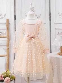 Young Girl Patchwork Polka Dot Mesh Long Sleeve Square Neck Dress,Blush Pink,Autumn,Fairy,Formal,Party,Suitable For Parent-Child Activities,Soft Dress - Apricot - View 6