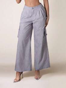 Zolique Pantalones sueltos y casuales con bolsillo y botones frontales para uso diario, estilo años 90 - Gris - Ver 4