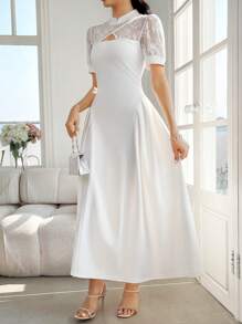 Modelyn Vestido de manga larga de alto nivel con cuello alto, plisado y encaje de contraste para mujer, color blanco