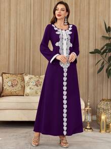 Al Najma Elegant Embroidered Rope Panel & Luxurious Purple Splice Glamorous Ladies Dress Kaftan Jalabiya Dress - Purple - View 3