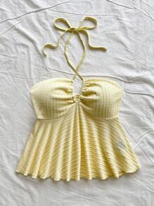 Soleia Atuendo informal de invitado de boda en la playa, brunch de graduación, Día de San Patricio, vacaciones de primavera, Pascua, festival de música, elegante estilo boho tropical chic. Nueva parte superior tipo camiseta de punto texturizada con tirantes de espagueti y nudo delantero en marfil y amarillo.