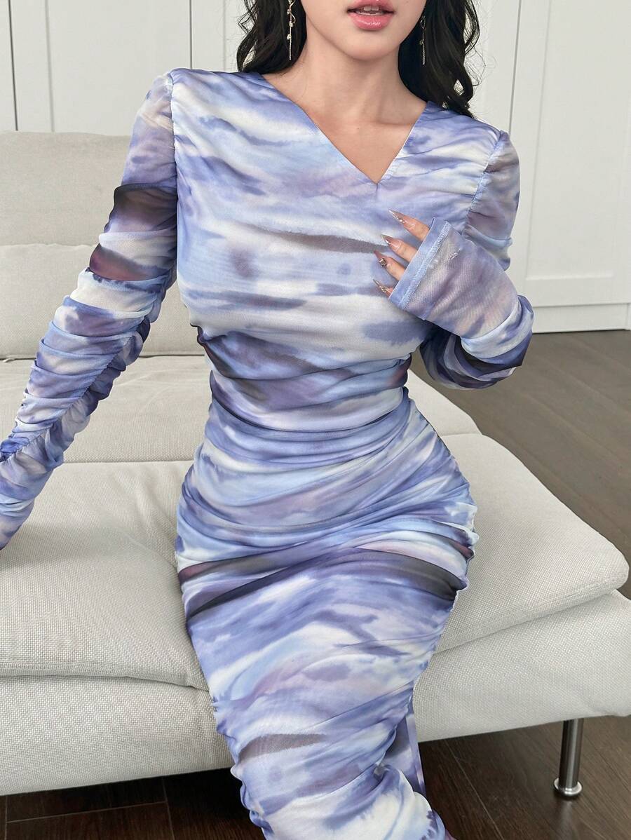 Modelyn Váy bó sát tay lưới co giãn nhuộm loang cho nữ, thiết kế thanh lịch - Màu xanh lam - Xem 1