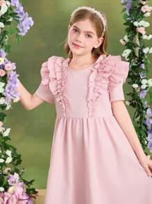SHEIN Vestido Casual Ajustado com Babado na Barra, Cor Sólida para Meninas Pré-Adolescentes - Rosa chiclete - Visão 5