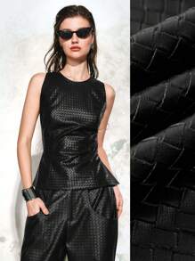 SHEIN LUNE 黑色无袖露背短款上衣设计 PU 皮革背心 - 酒紅色 - 查看 3