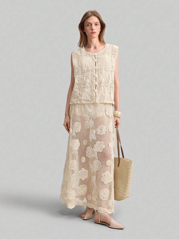Ontre Women's Sleeveless Open Cardigan, Simple & Fashionable, Casual Daily Wear, Resort Style, Romantic & Elegant, Hollow-Out Floral Design