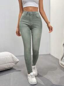 SHEIN Essnce Pantalon en jean simple et décontracté de couleur unie, convenant pour un port quotidien