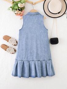 Tween 女童星星刺绣褶皱下摆牛仔连身裙