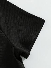 2pcs/Set Tween Girls Solid Cutout Short Sleeve Top And Bow Decor Flared Pants Outfit - Black - View 6