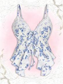 SHEIN Unity 1 Pc Plus Size Summer Deep V Floral Trim Asymmetric Hem Cami Top - Multicolor - View 1