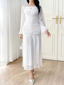 Modelyn Women's Ruched Neck Flare Hem Chiffon Dress - White - View 5