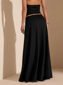 SHEIN BAE Váy xòe cổ cao hở vai họa tiết hoa kim loại mùa hè dành cho nữ đi biển - màu đen - Xem 2