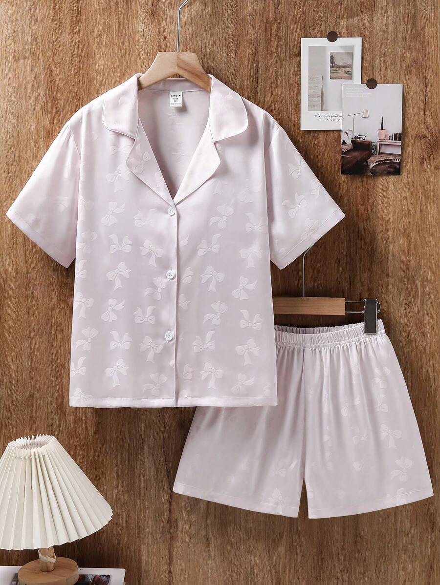 2 件套女童休闲纯色弹力缎面蝴蝶结提花短袖短裤家居服套装 - 淺粉色 - 查看 1
