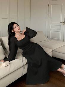 Feyla 女士纯色方领荷叶边下摆长袖连衣裙长款晚礼服 - 黑色 - 查看 5