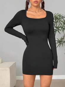 Lunelith SHEIN Lunessa Vestido informal de manga larga, ajustado, cuello cuadrado y unicolor, minimalista y de moda para uso diario para mujer