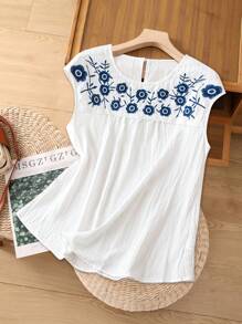 EMERY ROSE Chemise décontractée avec empiècement texturé brodé blanc pour femmes grandes tailles, style élégant de vacances rurales, pour le printemps/l'été