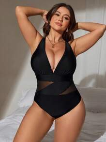 Swim Lushoire Plus Size Mesh Patchwork One-Piece Swimsuit, Minimalist Casual And Fashionable For Everyday Wear - Black - View 1