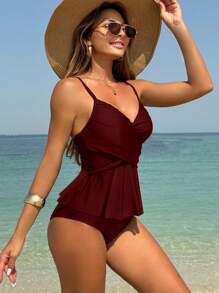 Swim Lushoire Conjunto de 2 piezas de tankini de traje de baño con parte superior triángulo y Bottom con volantes y cruz retorcida en color liso